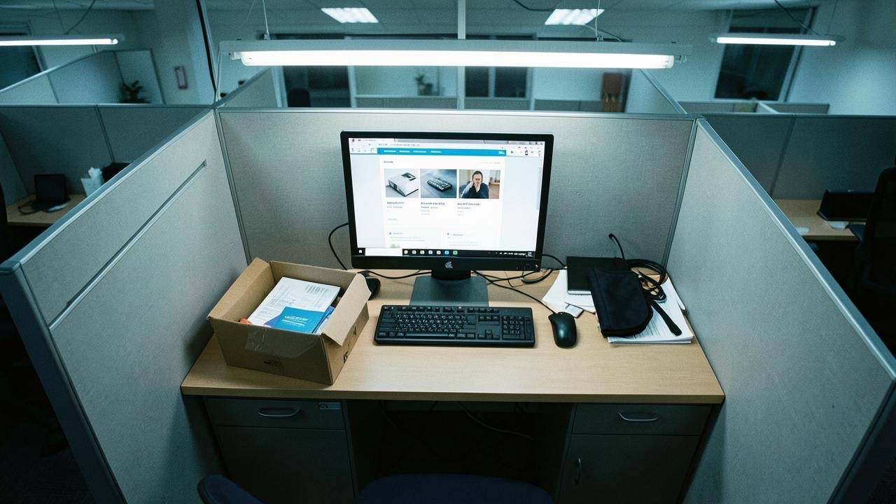 Empty office cubicle with packed box and computer showing job search