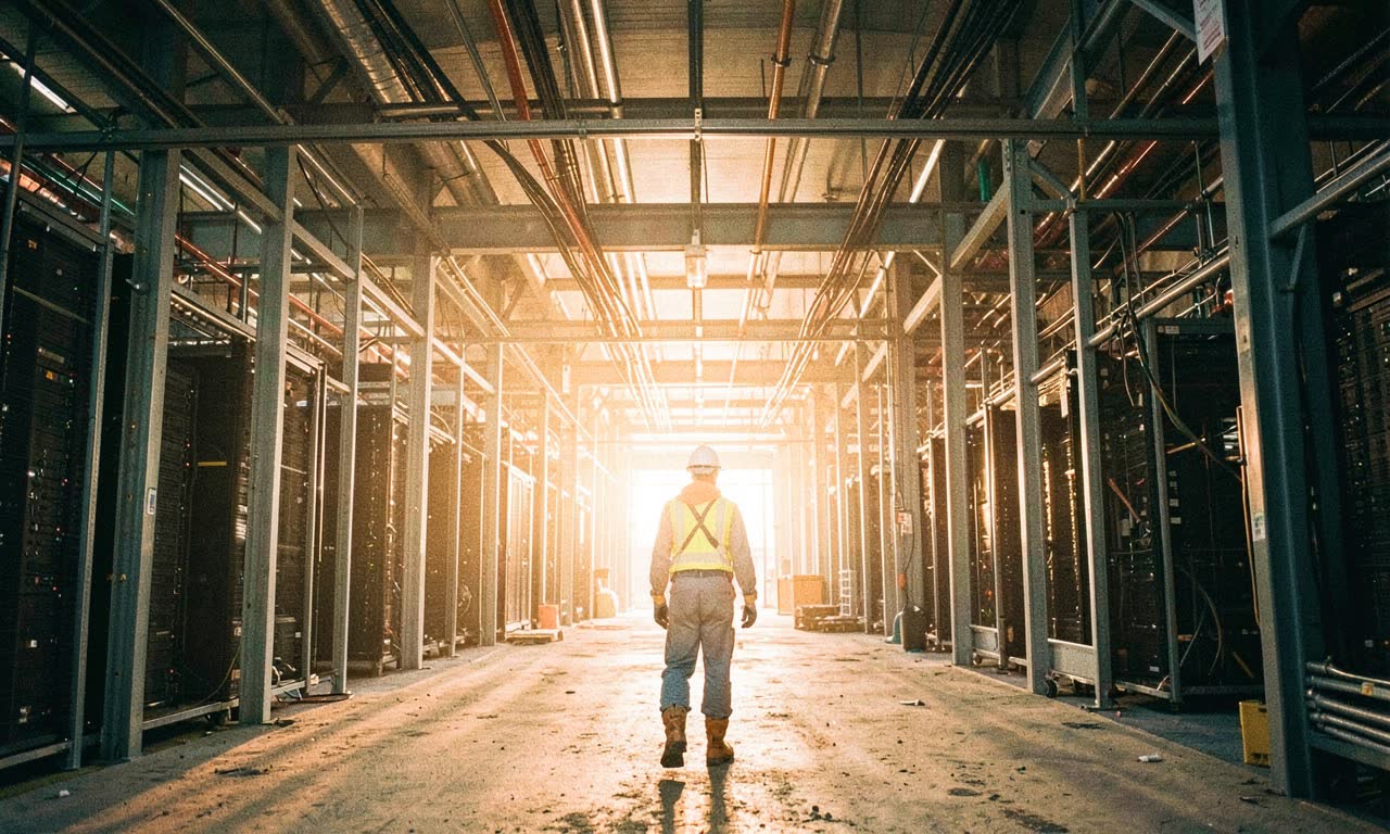 A person in work boots and hard hat walking through a massive data center construction site, overhead cables and steel beams, golden hour light, documentary style