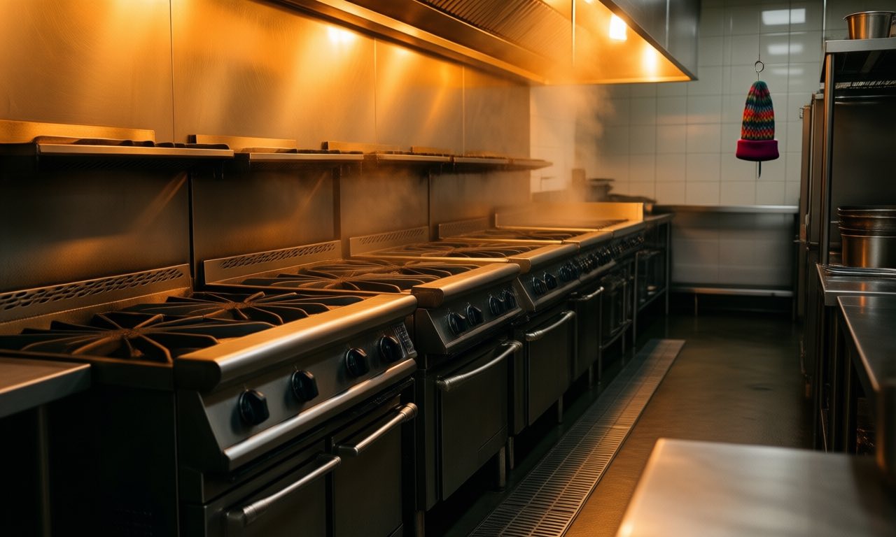 Rows of industrial kitchen stoves and stainless steel equipment in an empty commercial kitchen under warm light, a visual metaphor for standardised semiconductor fab equipment