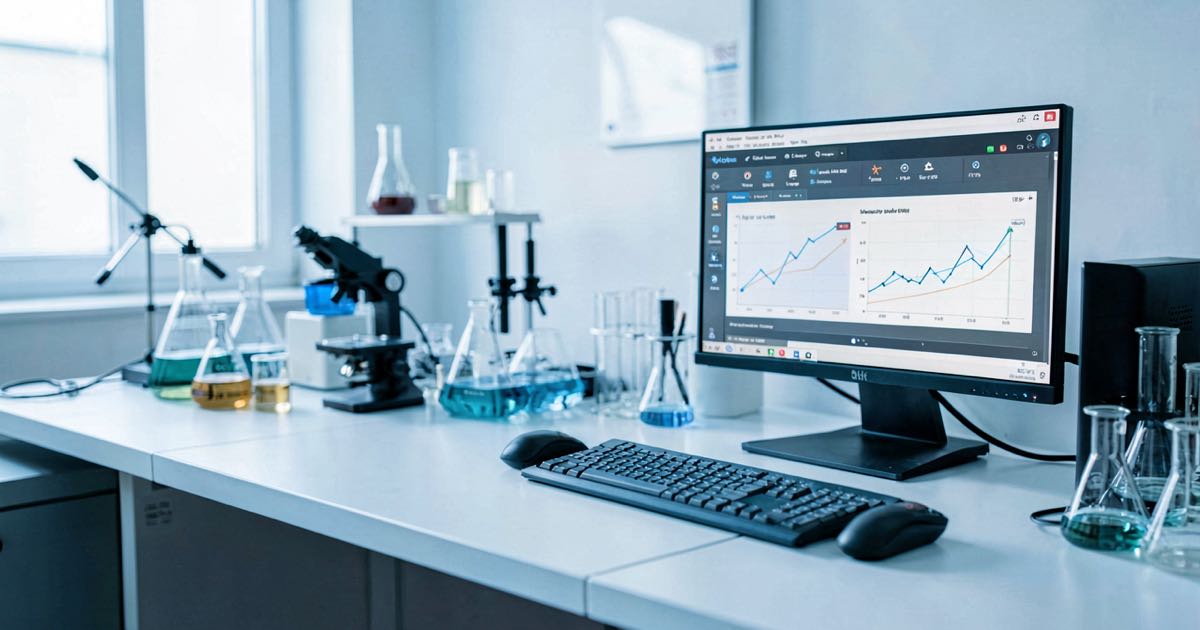 A modern laboratory bench with scientific instruments, computer screens showing data analysis, and a clean minimalist workspace under natural lighting.