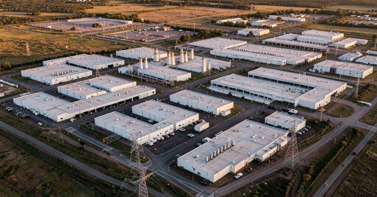 Aerial view of a massive data centre complex in the Texas plains at dusk, rows of cooling towers and server buildings stretching to the horizon, warm golden light, documentary photography style