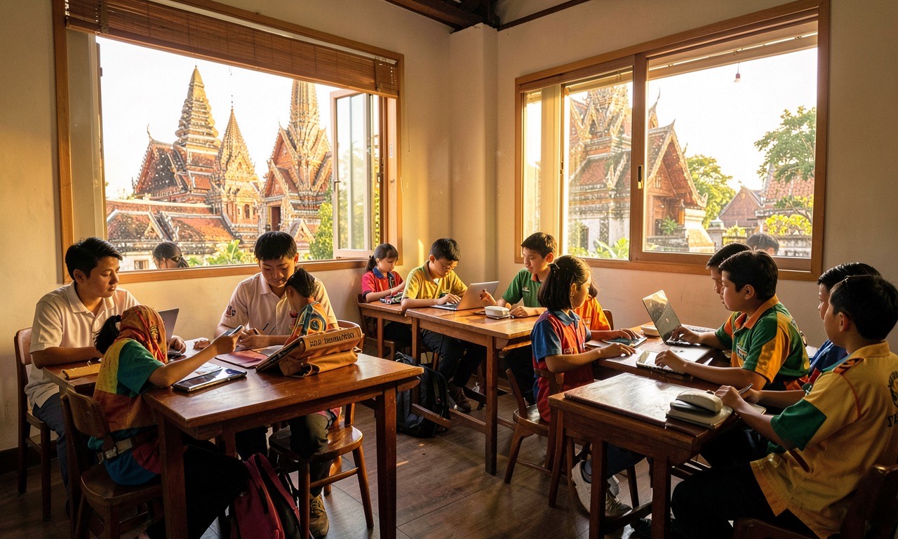 A modern classroom in Thailand with students using tablets and laptops, traditional Thai architecture visible through windows, warm tropical lighting, documentary photography style