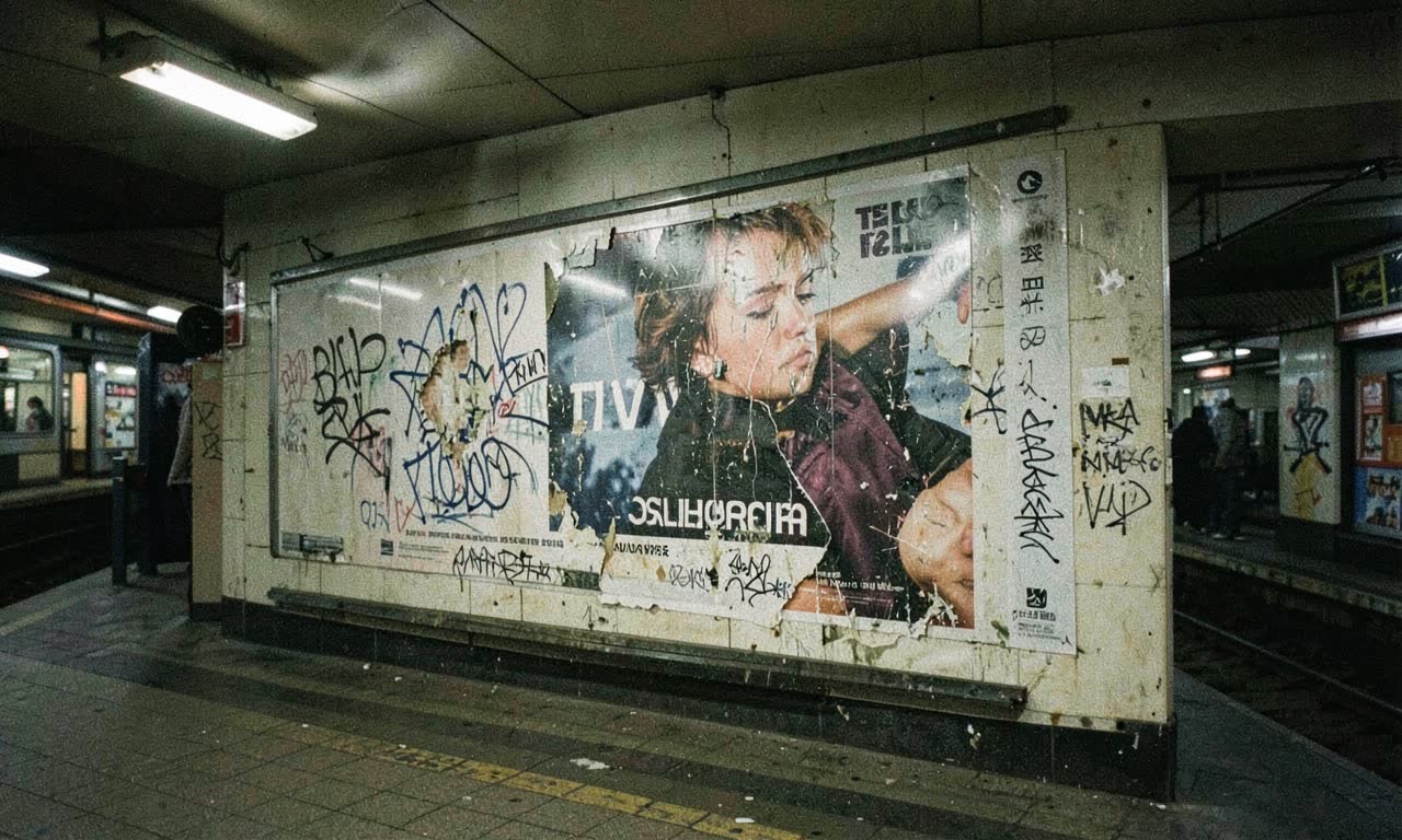 Subway station wall with vandalised advertisement poster, urban setting, fluorescent lighting