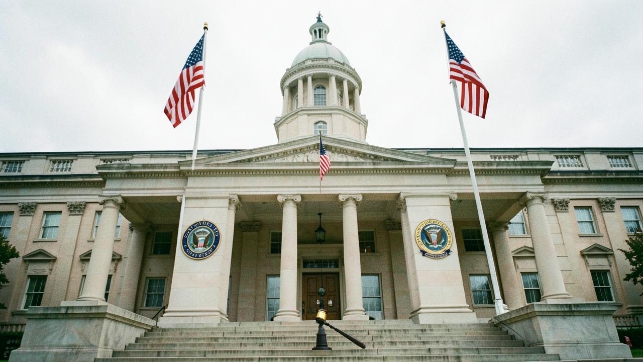 A state capitol building with American flags and a gavel on the steps, overcast sky, photojournalistic style