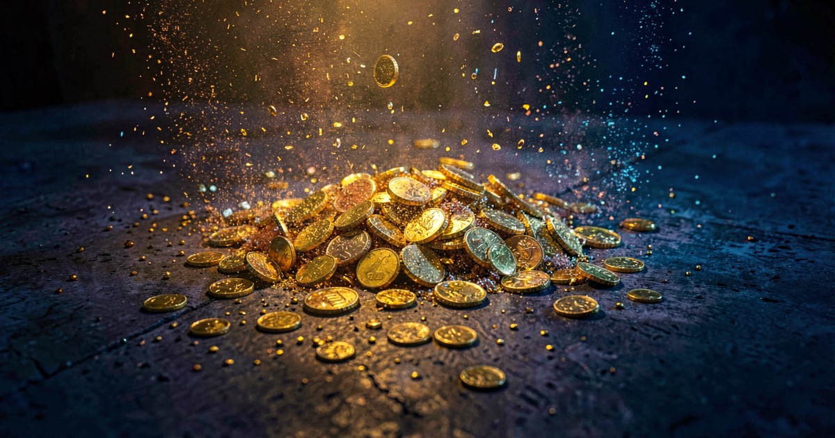 Abstract visualisation of rapidly depleting digital tokens stacked beside a burning invoice