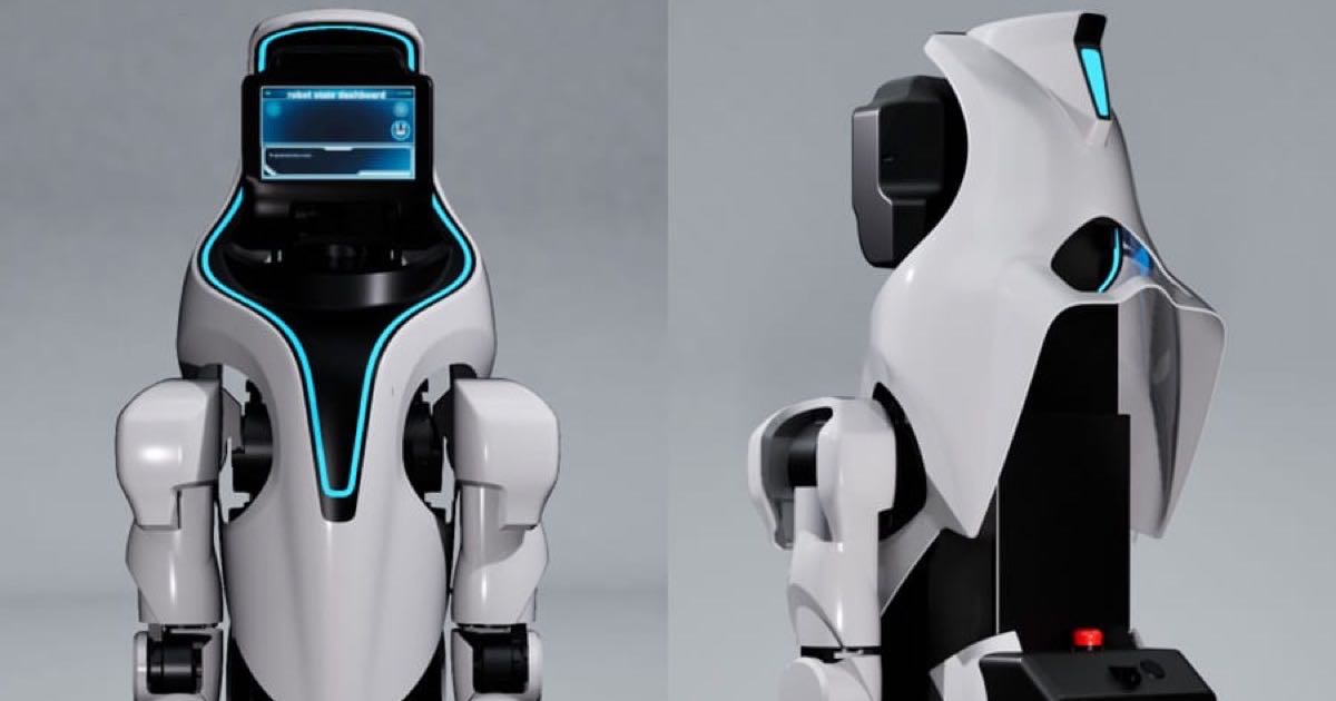 Toyota's ELEY wheeled humanoid robot shown from front and side, with a screen in its chest, two-fingered hands and a rounded mobile base.