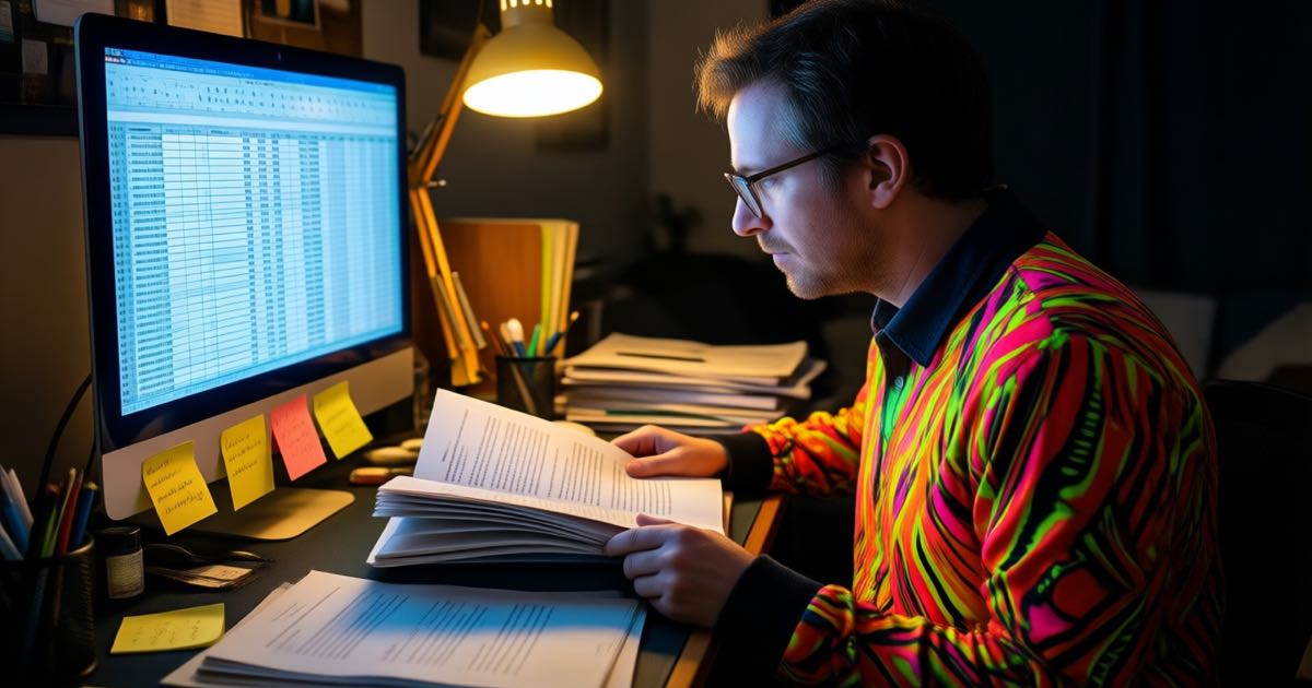 A researcher in a patterned jersey working late at a monitor-lit desk covered in sticky notes and printouts, documentary photography