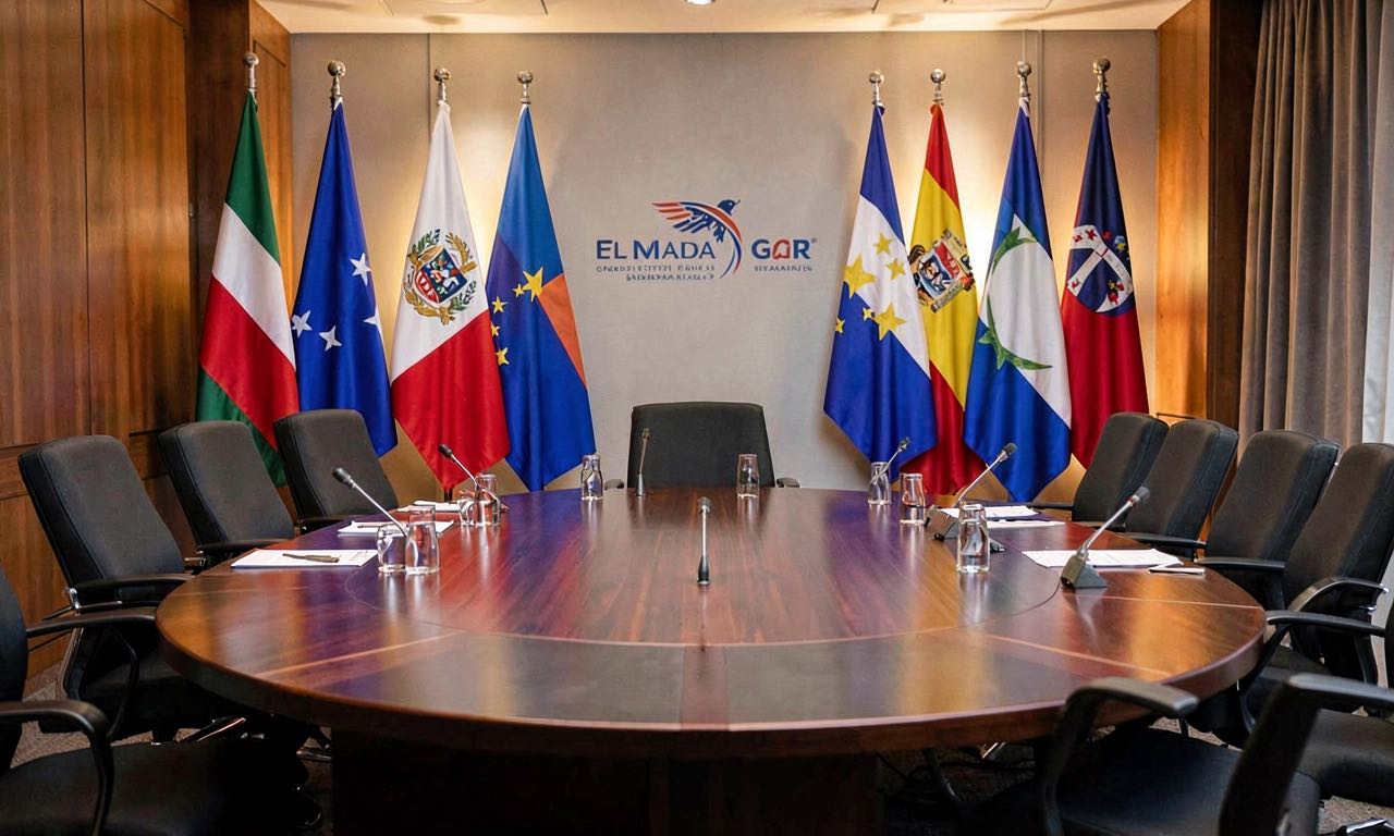 A diplomatic meeting room at a G7 summit, with empty chairs around a circular table and flags of participating nations in the background.