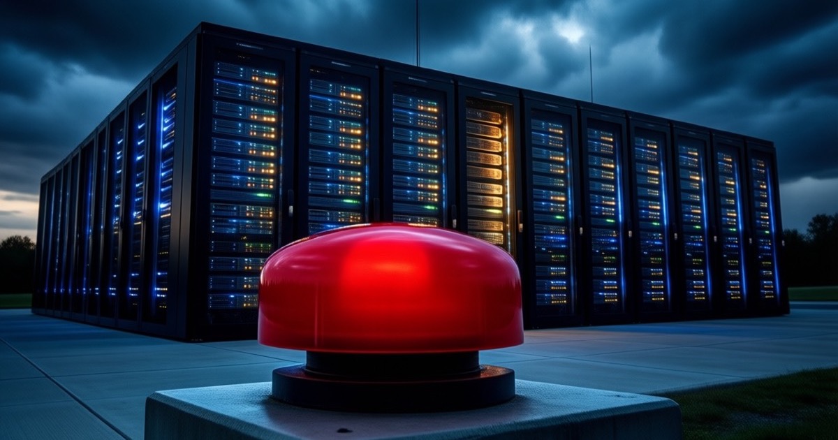 A large industrial data centre building glowing with server-rack light at dusk, an oversized red emergency stop button mounted on a concrete plinth in the foreground