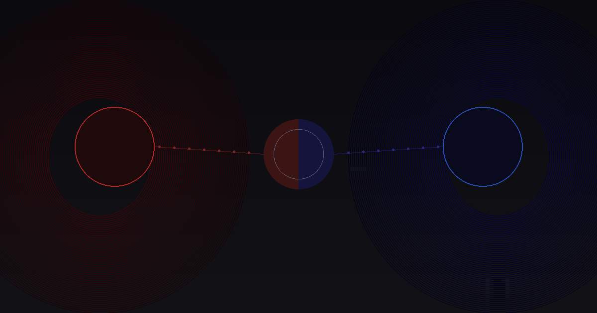A coin spinning on a dark surface, one side glowing red representing danger, the other side glowing blue representing overcaution