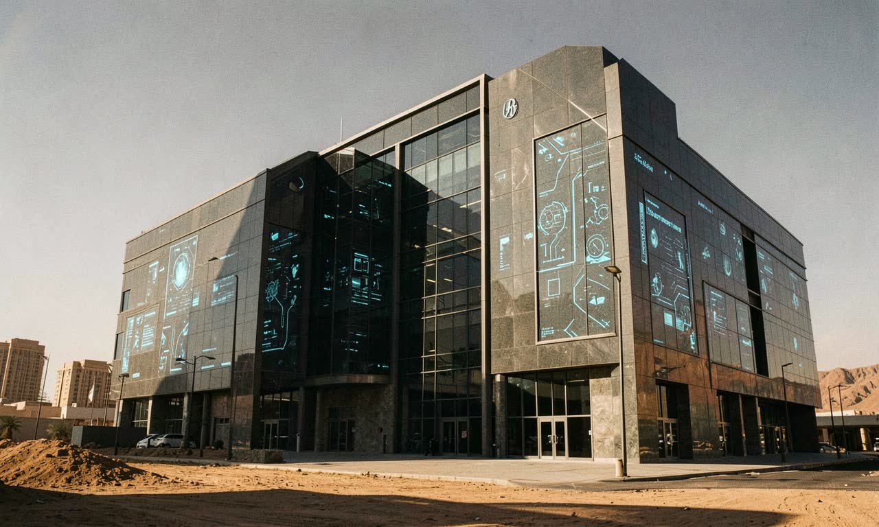 Modern government building with glowing AI interface panels on walls, harsh desert sunlight, architectural photography