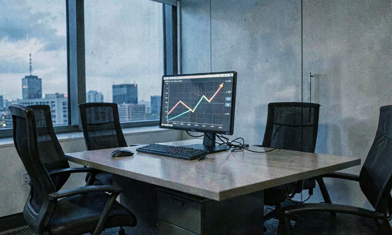 Corporate office with empty boardroom chairs and a single glowing AI terminal displaying budget charts