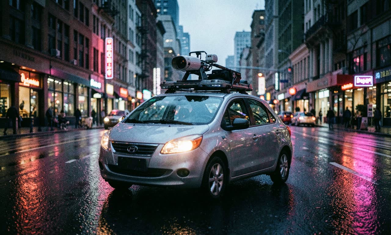 A rideshare car with sensor equipment mounted on its roof driving through a city street, twilight, documentary style