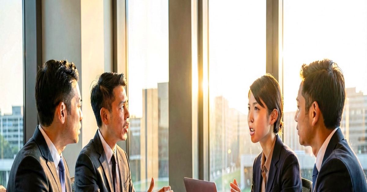 A bank hiring panel interviews a young graduate with a laptop across a polished table in a modern recruitment office, warm morning light, documentary style