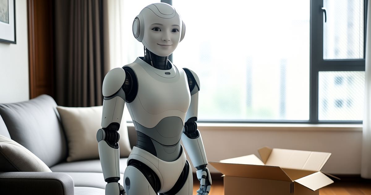 A lifelike humanoid companion robot with a white and pale grey body stands in a bright apartment living room beside an open delivery box.