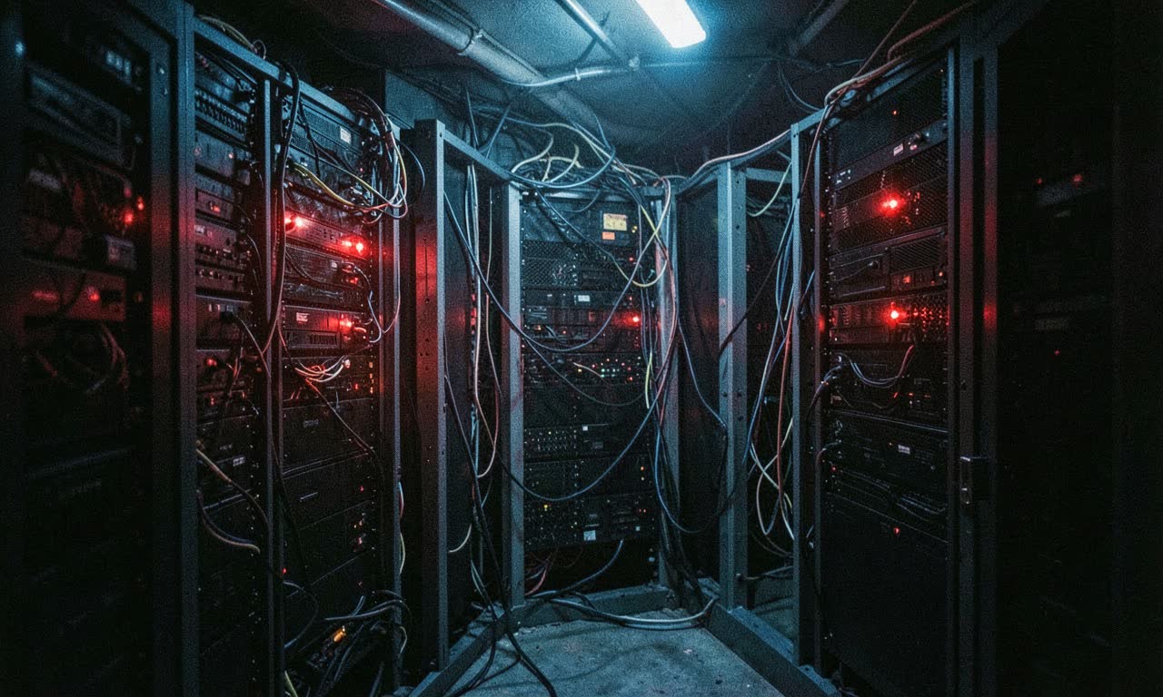A server room rack with red warning lights, dark atmosphere, cables, photojournalistic style