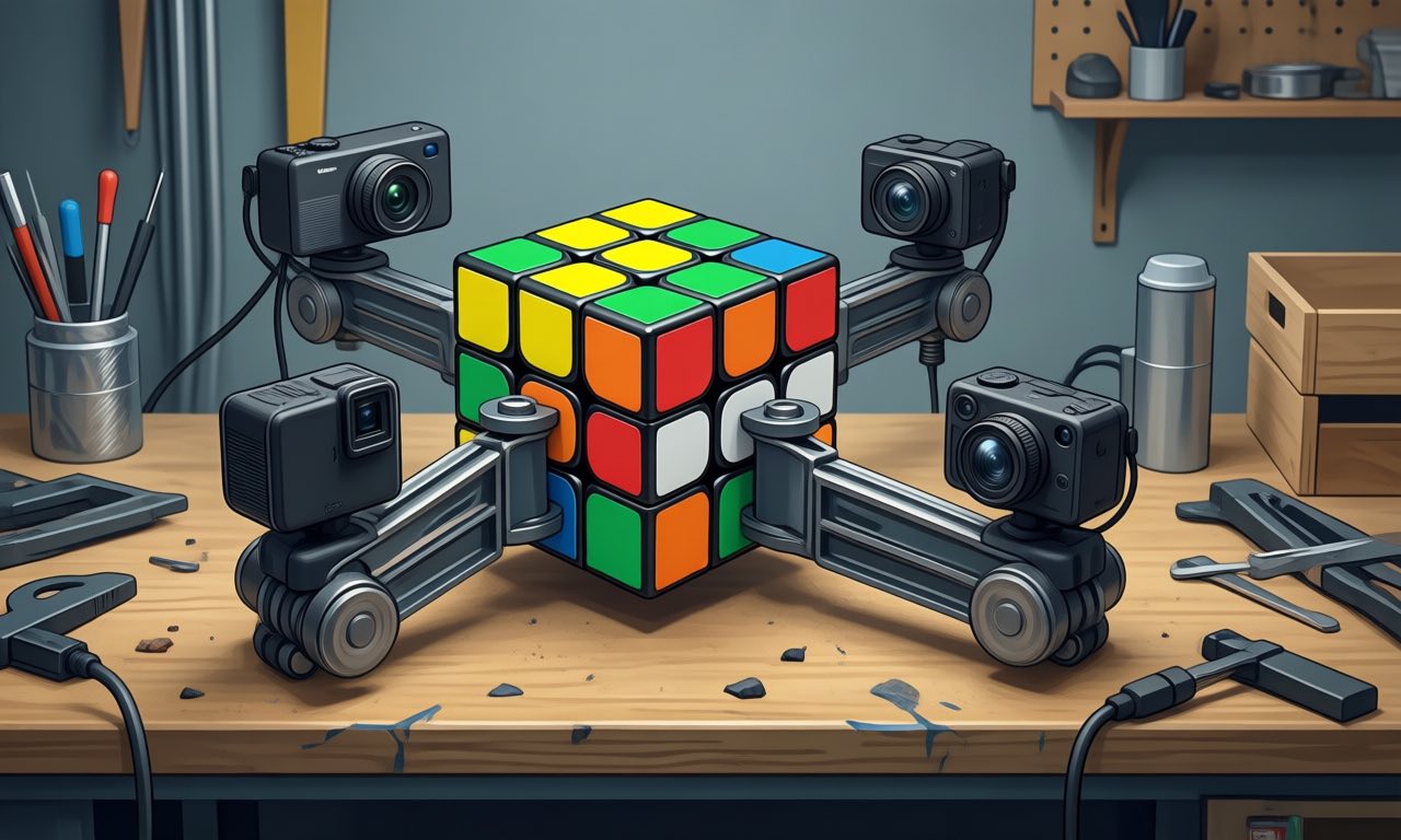 A home-built speedcubing robot with four cameras arrayed around a large Rubik's cube clamped at its centre, on a workshop bench, minimalist editorial illustration