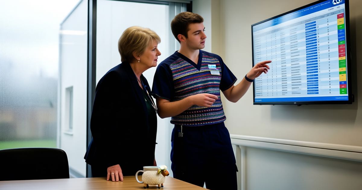 Two NHS clinicians reviewing a patient triage dashboard on a wall screen in a hospital meeting room, overcast daylight through frosted glass