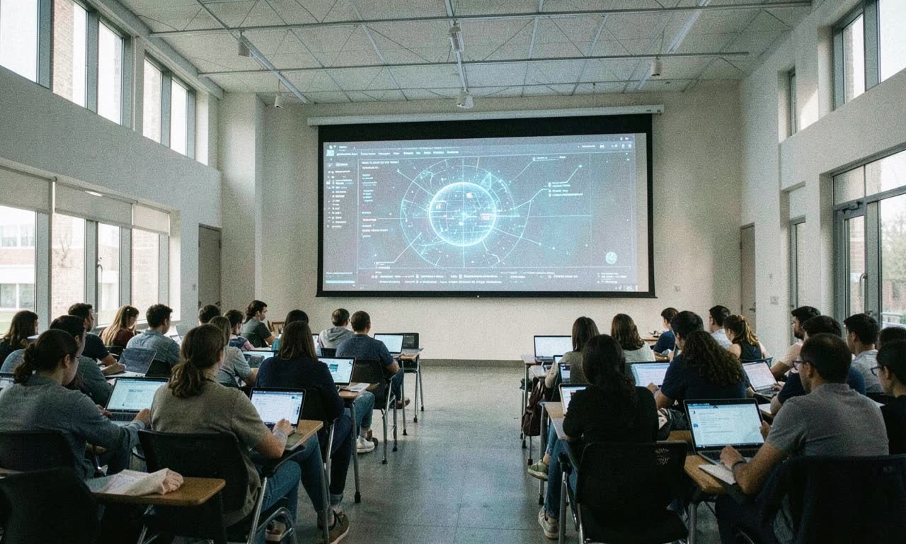 Modern university lecture hall with AI holographic display replacing human lecturer