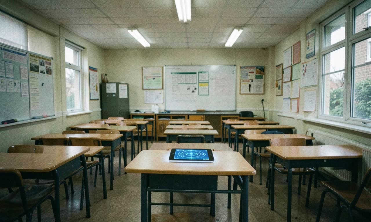 Empty British school classroom with a single AI tablet glowing on a desk, no teacher present