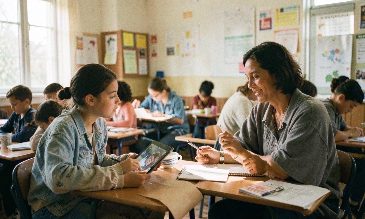 A diverse classroom with a student using a tablet alongside a teacher, warm natural lighting