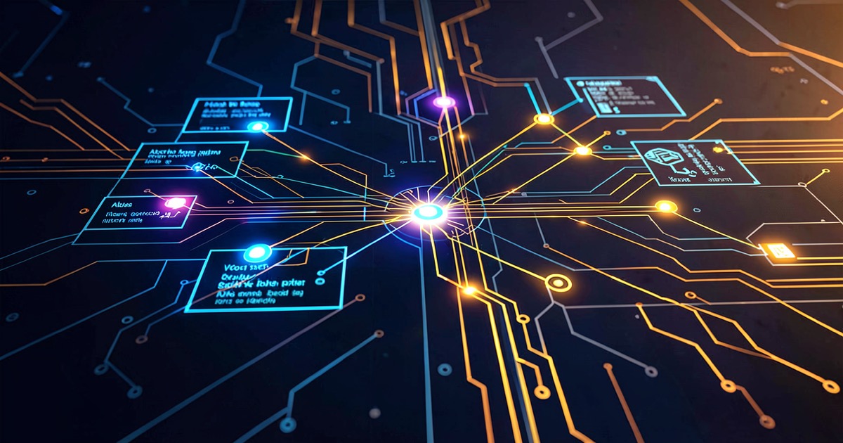 A digital network map showing a simulated corporate network with attack paths traced through subnets, glowing nodes on a dark blue schematic.
