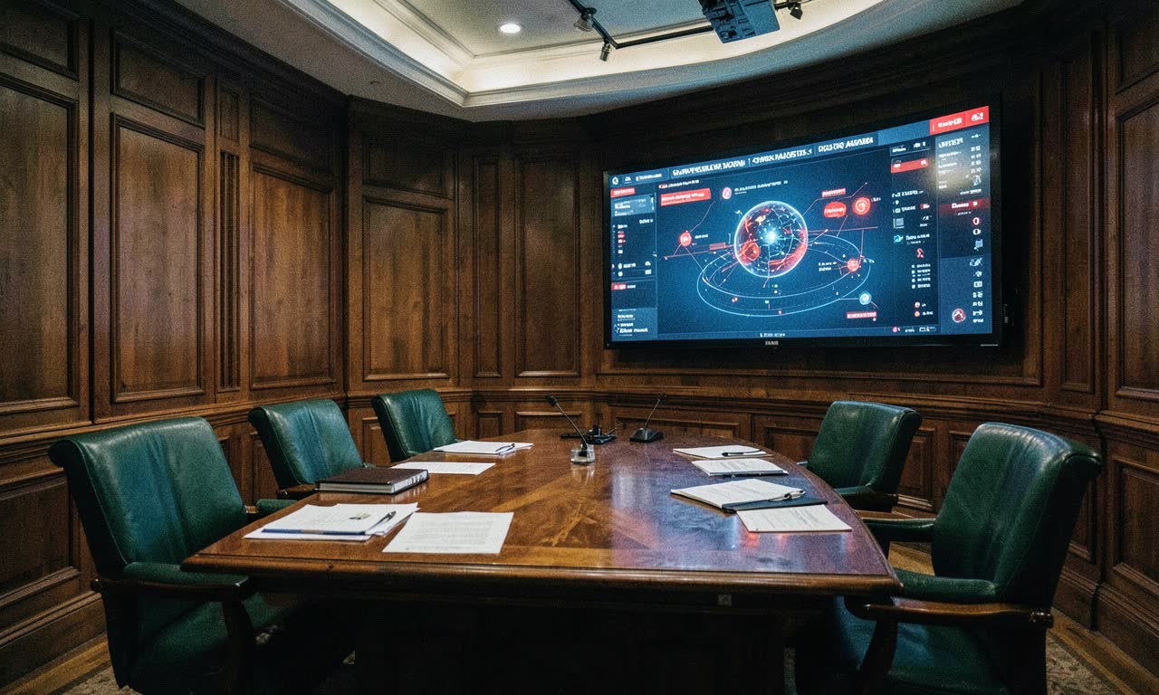 British government hearing room with digital AI agent warning display
