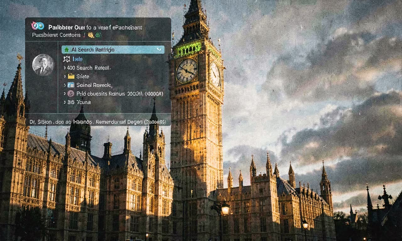 A British parliamentary building with digital overlay showing publisher controls and AI search results, dramatic lighting, documentary style