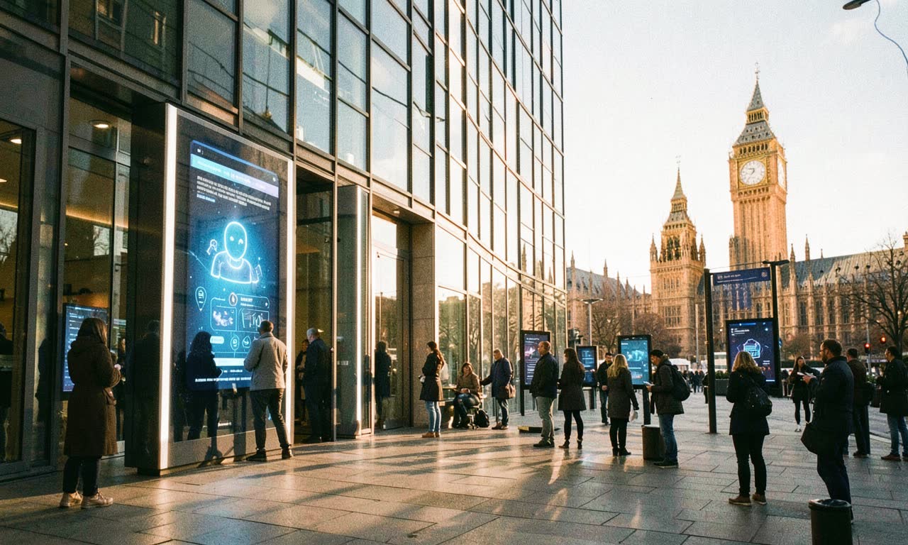 A government building with an AI chatbot interface overlaid, representing GOV.UK Chat serving citizens