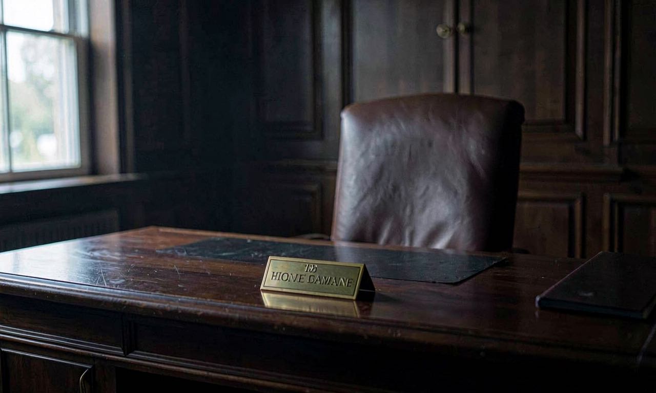 A dark wooden desk in a government office with an empty leather chair behind it, a brass nameplate face-down on the desk, soft window light from the left.