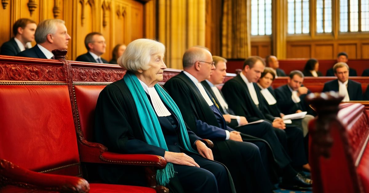 The red benches of the House of Lords chamber in London during a debate, peers seated, warm golden light through tall windows