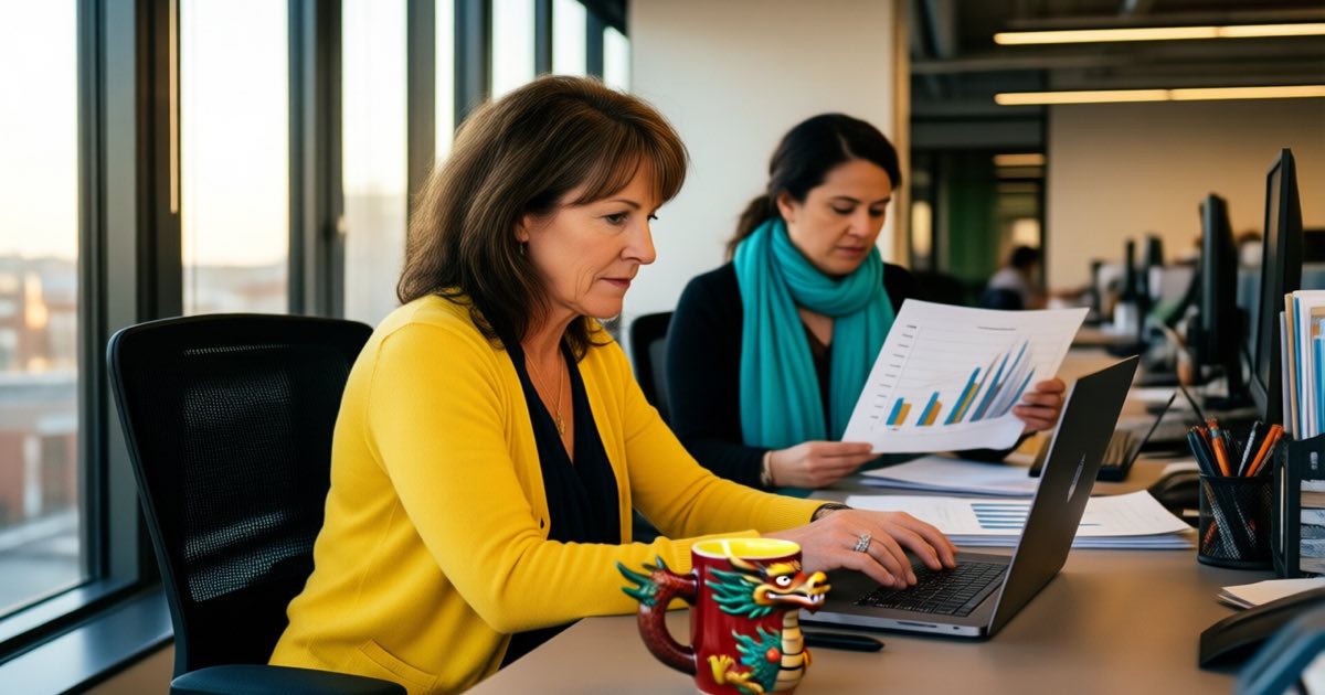 A woman in a bright cardigan working at a laptop in a modern open-plan office with tall windows, a colleague with a scarf reviewing printed charts behind her, warm afternoon light, documentary editorial photography