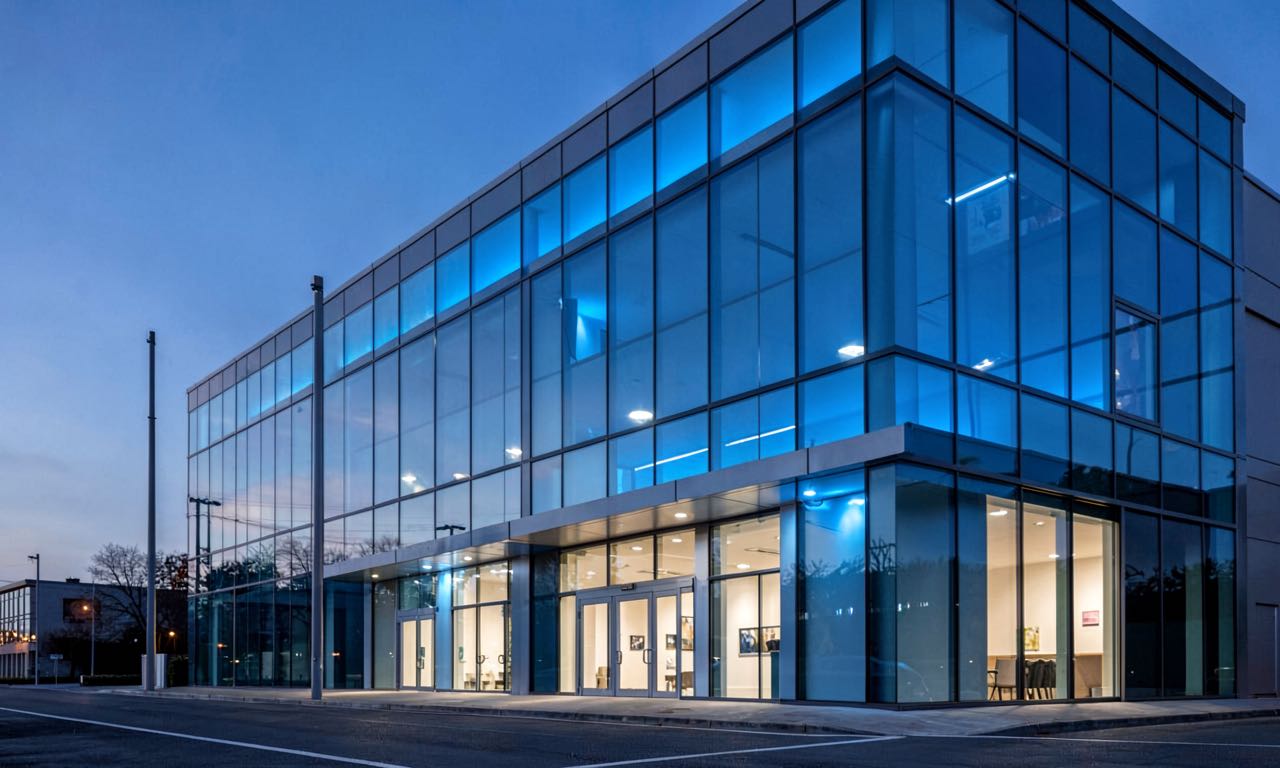 A modern police headquarters building at dusk with blue lights reflecting off glass facades, no people visible.