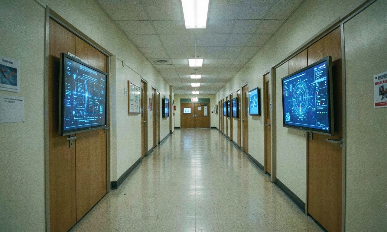 Empty school corridor with glowing AI screens on classroom doors, no policy signs, documentary style