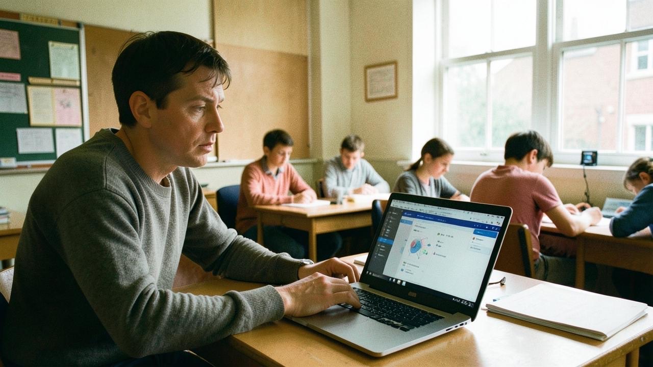 British teacher looking uncertain at a laptop showing an AI tool, students working in background
