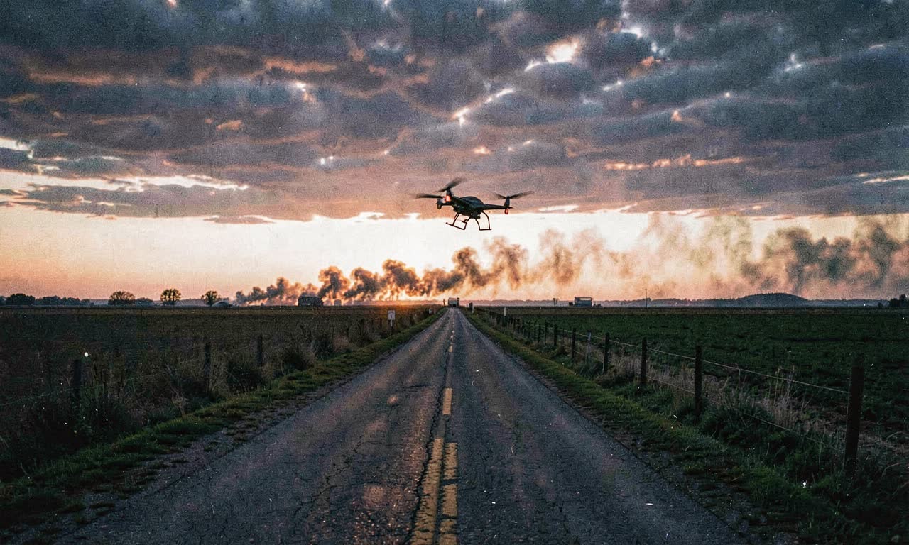 A drone flying over a rural supply road at dusk, smoke on the horizon, photojournalistic style