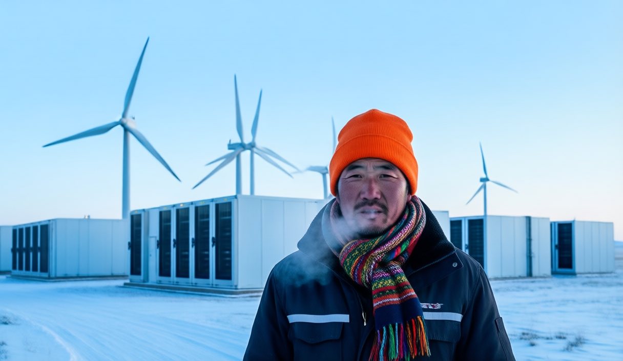 A data centre technician in a bright orange beanie and colourful patterned scarf stands outside long low white data centre buildings on a vast snowy Mongolian grassland, wind turbines spinning behind under a wide cold blue morning sky