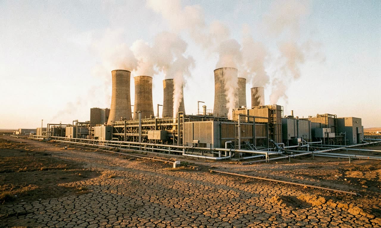 A vast data centre facility with cooling towers emitting steam against a dry cracked landscape, golden hour light, documentary style, ASA 400 film grain, wide angle
