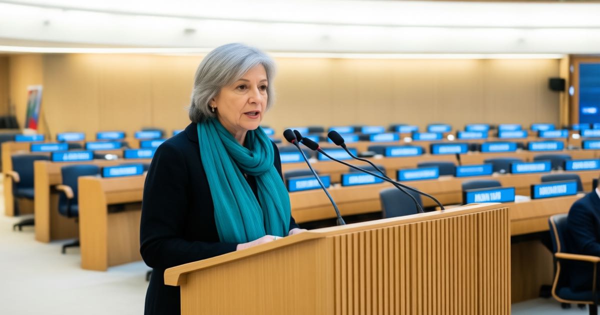 A delegate in a teal scarf speaks at a podium in the UN Human Rights Council chamber in Geneva, rows of country nameplates below
