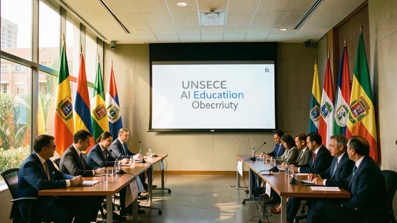 Conference hall with Latin American flags and UNESCO AI Education Observatory on screen