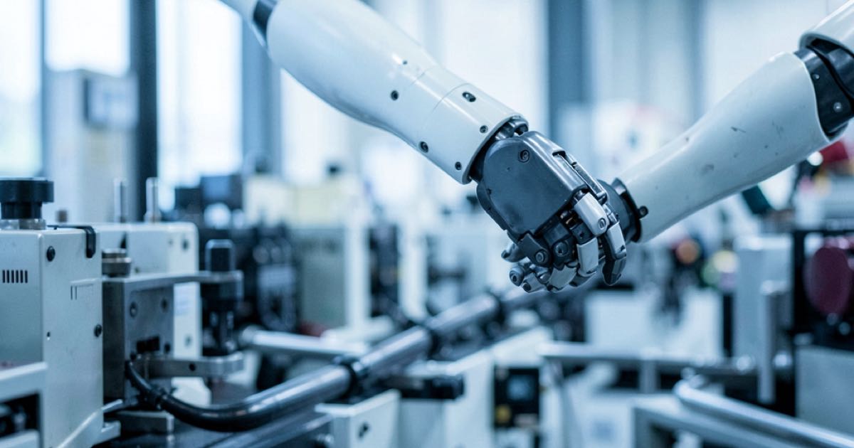 Humanoid robot arm reaching for an object on a factory production line, shallow depth of field.