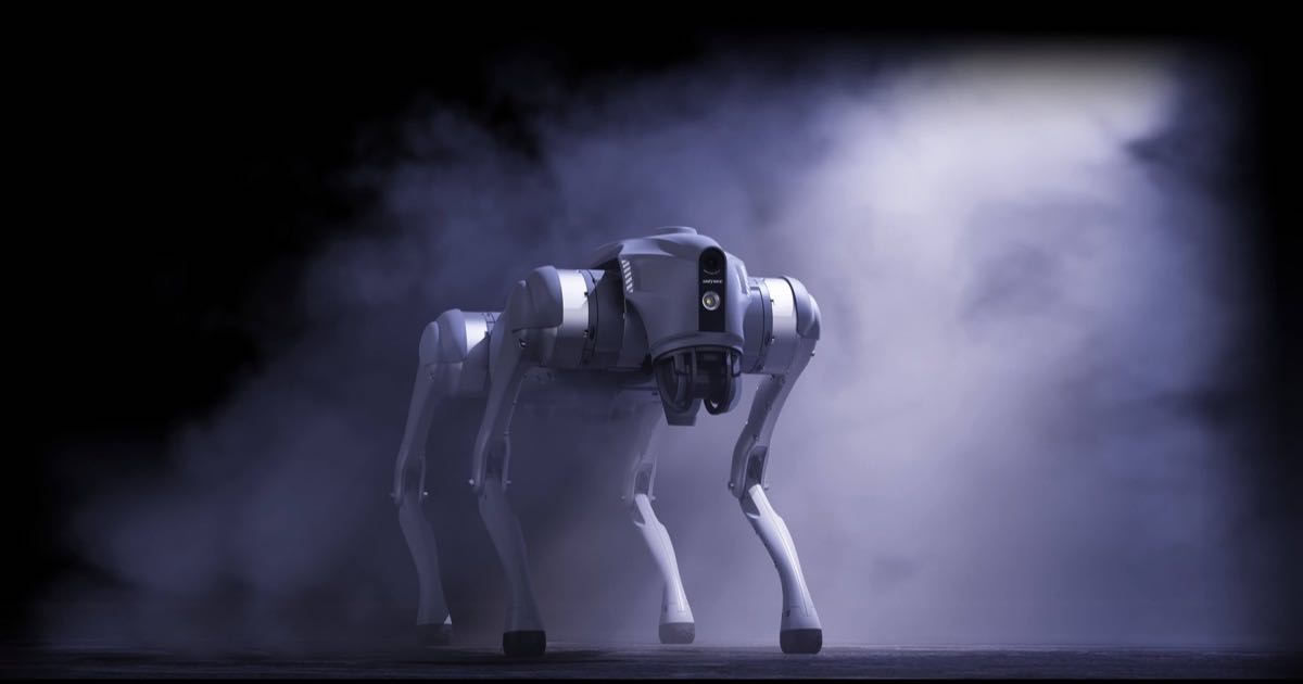 A Unitree humanoid robot standing in a demonstration pose, photographed against a neutral background.