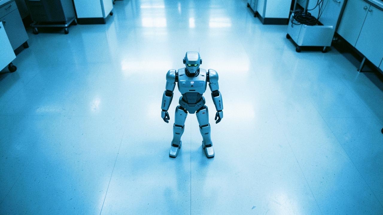 A compact humanoid robot standing on a laboratory floor, overhead shot, cold blue lighting, photojournalistic
