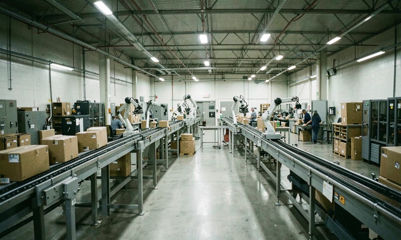 A UPS distribution facility with conveyor belts and automated sorting machines, workers in the distance, overhead industrial lighting, photojournalistic