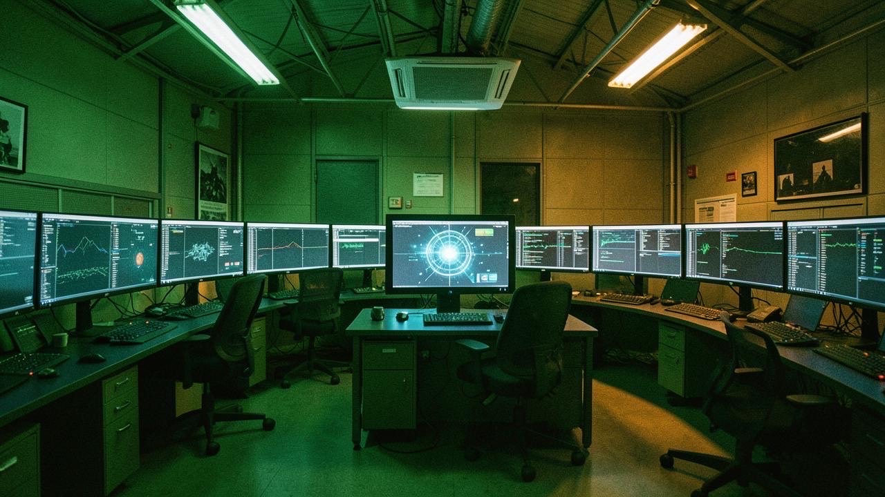 Military tactical operations center with screens showing AI interface, green and amber lighting, photojournalistic
