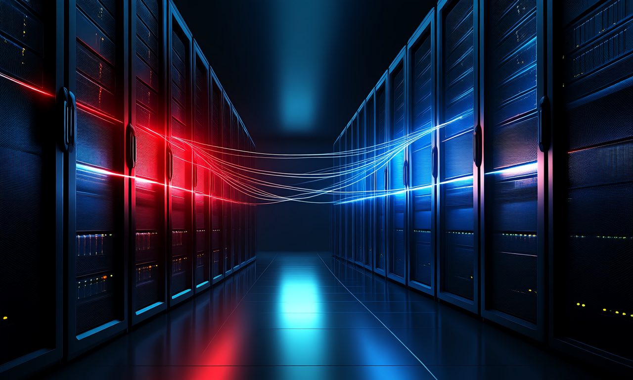 Two large server banks facing each other across a dark data-centre aisle, a thin glowing line connecting them, one side red-lit and one side blue-lit, no text