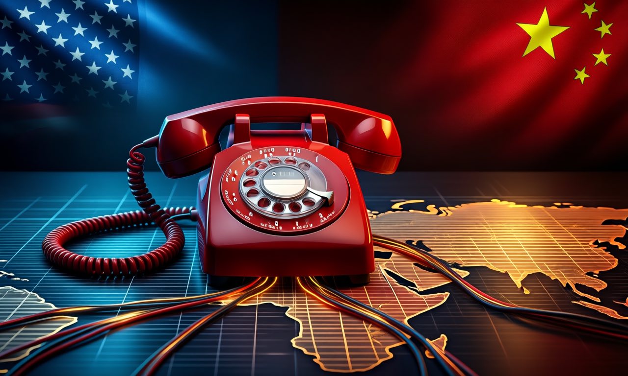 A red direct-line telephone on a dark desk, lit from one side in cool blue and the other in warm red-gold, with threads of light crossing a dim map grid