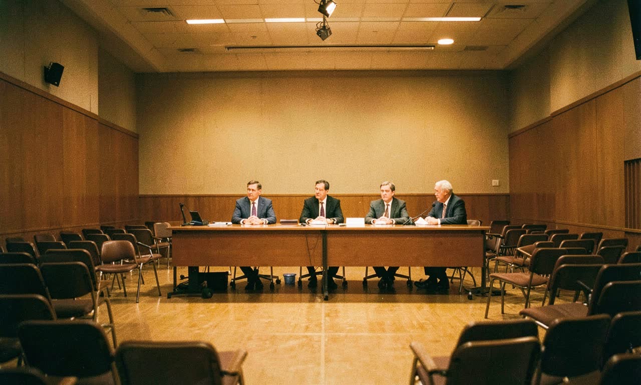 University lecture hall with a student standing at the front speaking to a panel of professors, warm amber lighting, documentary style