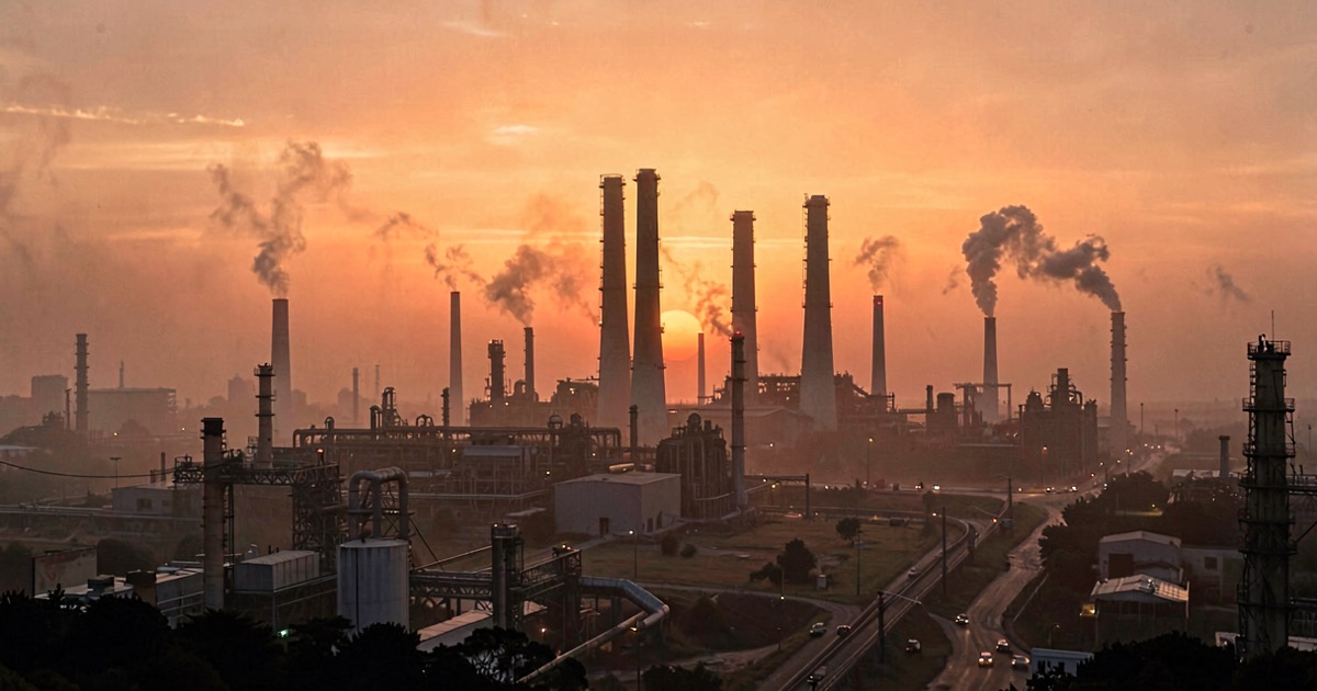 A sprawling industrial complex at dusk with cooling towers visible against an orange sky, no text or signage visible