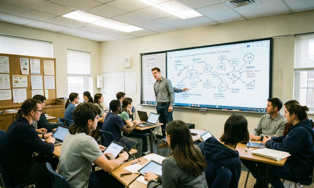 An American school classroom with a teacher presenting at a smartboard showing AI concepts, students engaged with tablets, bright fluorescent lighting, documentary style, overhead shot
